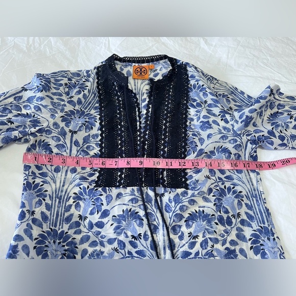 Tory Burch | Tunic Floral Blouse SZ 4 Blue Print Tie Tassel Front Cotton - Picture 6 of 11